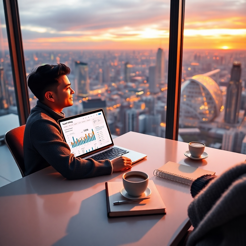 Photorealistic image, 8K resolution, hyperrealistic detail. A young, successful solopreneur, dressed in smart casual attire, sits at a modern minimalist desk overlooking a cityscape at sunset. Soft, warm lighting illuminates the scene.  On the desk is a laptop displaying an affiliate marketing dashboard showing positive results, a steaming cup of coffee, and a notebook with notes on keywords and strategies.  The color palette is warm and inviting, with gold and orange hues from the sunset reflecting on the scene. The camera angle is slightly elevated, offering a perspective that showcases both the individual and the city view. The overall mood is optimistic and successful. The textures should be highly detailed: smooth laptop screen, rough notebook paper, soft wool sweater.  The background is a large window showcasing a vibrant, detailed cityscape. Style reference: Annie Leibovitz. Focus on the elements that evoke success and financial independence. Include subtle details reflecting a sense of calm and ease.