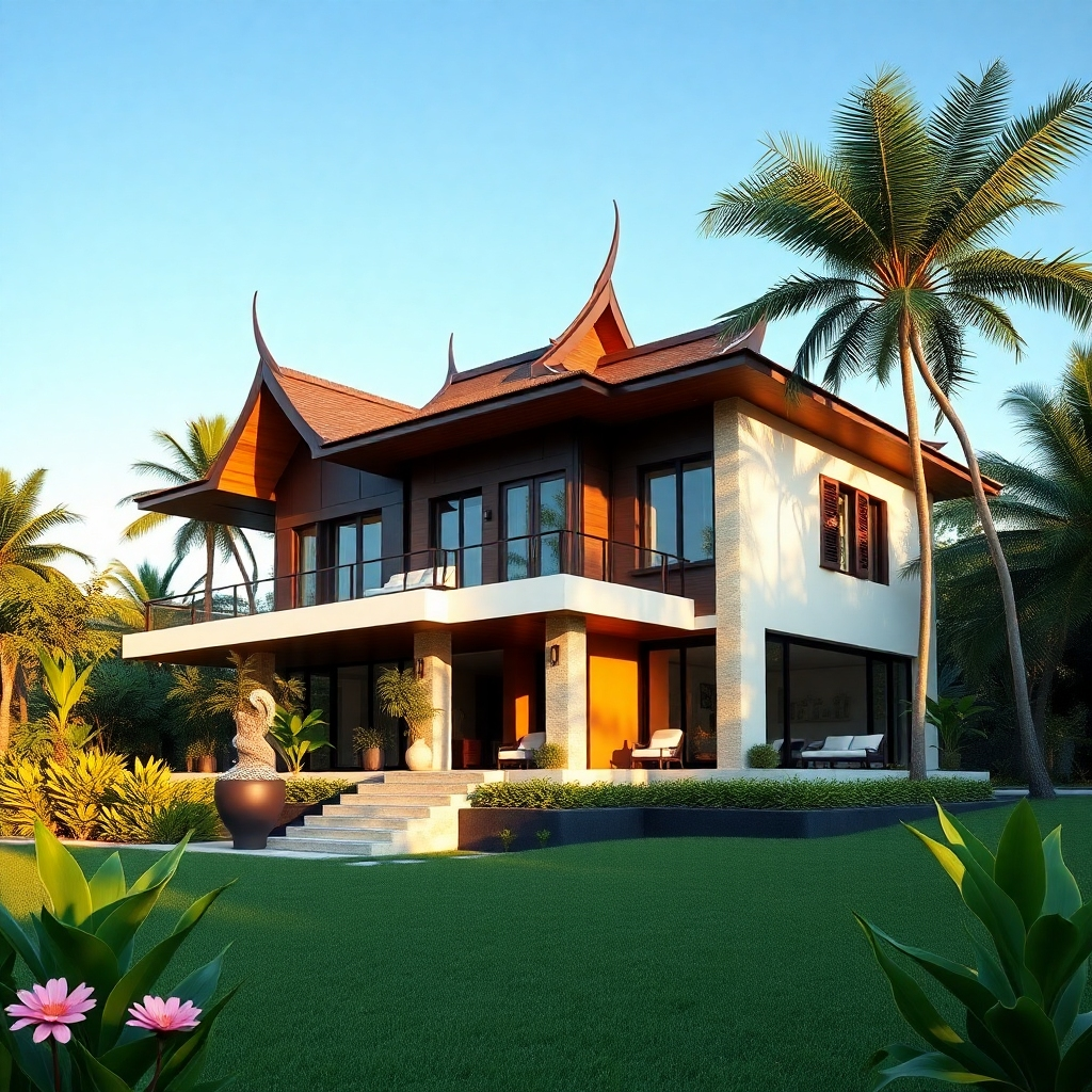 Photorealistic image, 8K resolution, hyperrealistic rendering.  The main subject is a stunning modern Thai-style house, showcasing both traditional and contemporary elements. The house should be nestled amongst lush green tropical landscaping, with a clear blue sky as a backdrop.  The composition should use the rule of thirds, with the house slightly off-center, allowing ample space for the vibrant greenery.  The lighting should be soft and warm, mimicking the golden hour sunlight, casting long shadows that emphasize the architectural details. The color palette should be a harmonious blend of natural greens, earthy browns, and soft creams, complemented by the deep blue of the sky. The mood should be serene and inviting, conveying a sense of peace and luxury. The camera angle is a slightly elevated wide shot, providing a comprehensive view of the house and its surroundings.  The materials should be highly detailed, showcasing the texture of the wood, stone, and stucco.  The background should include mature trees, flowering plants, and perhaps a glimpse of a tranquil pool. Props could include elegant outdoor furniture and carefully placed garden ornaments, hinting at a lifestyle of comfort and sophistication. The overall style should be inspired by high-end architectural photography, with influences from magazines such as Architectural Digest and Dwell. The image should evoke a feeling of aspirational living, showcasing the quality and craftsmanship associated with Realx10., ultra high resolution, photorealistic, 8K, hyperdetailed, cinematic lighting