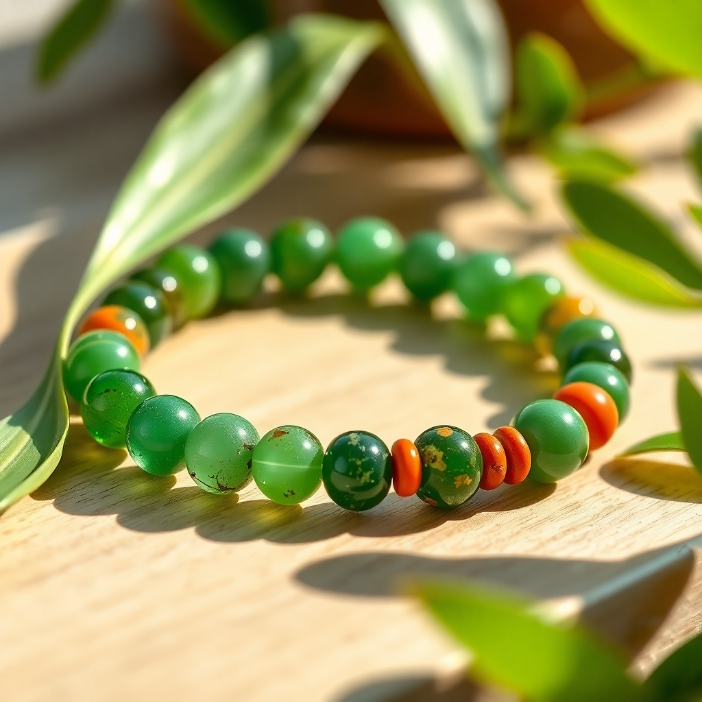 Photorealistic image, 8K resolution, ultra-detailed.  A detailed close-up shot of a bracelet made with green aventurine, jade, and carnelian beads. The bracelet is lying on a smooth, light-colored wooden surface near a vibrant green plant.  The lighting is natural and bright, highlighting the rich green hues of the stones and the healthy plant. The color palette emphasizes refreshing greens, earthy browns, and warm oranges.  The background is slightly blurred, showcasing a serene and peaceful natural setting.  The camera angle is slightly elevated, highlighting the bracelet's texture and the natural materials. The texture of the wood should appear smooth and polished; the stones should have a glossy, polished finish. The overall mood is calming, peaceful and restorative. Style reference:  High-end nature photography, focusing on texture and color.
