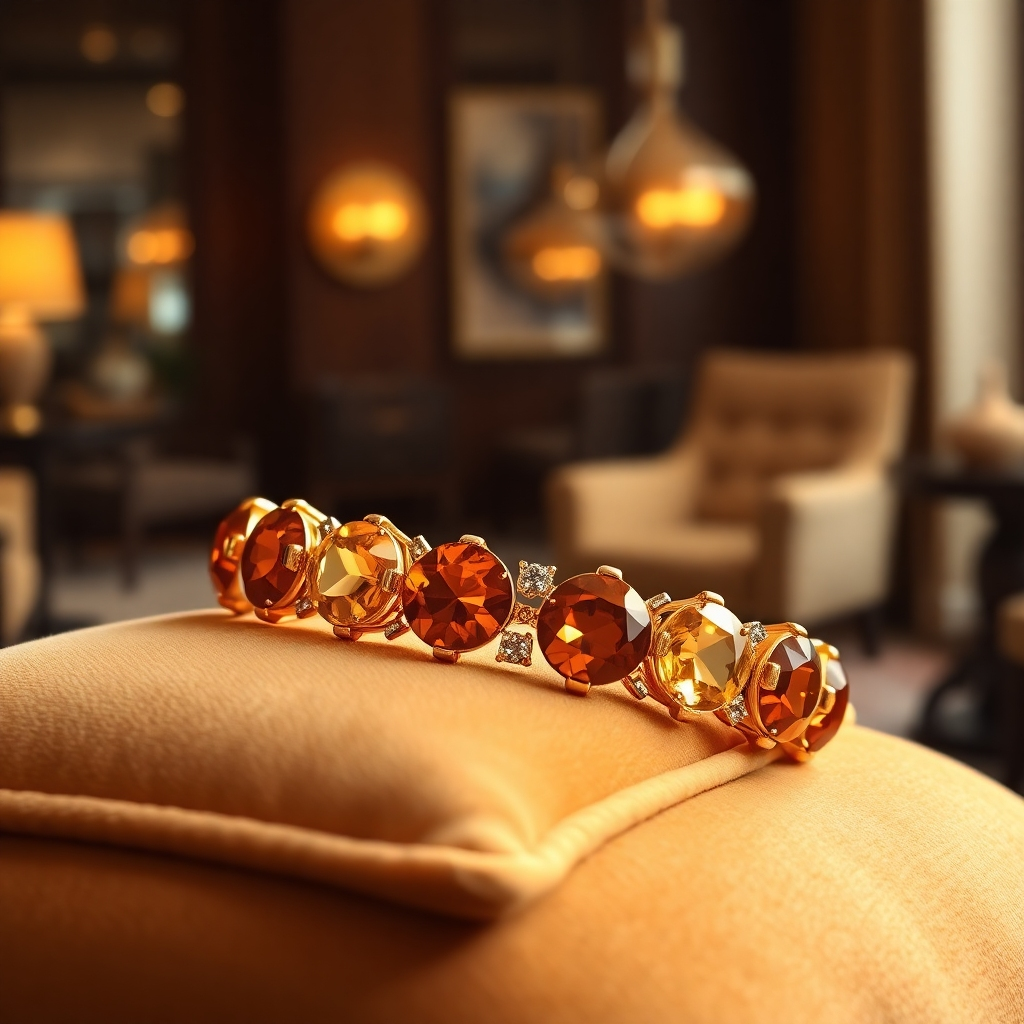 Photorealistic image, 8K resolution, hyperrealistic detail.  A close-up shot of an intricately crafted gemstone bracelet featuring rich golden hues of citrine, tiger's eye, and pyrite, resting on a luxurious velvet cushion. Soft, diffused lighting highlights the gemstones' brilliance. The color palette is warm and inviting, emphasizing golds, oranges, and browns.  The background is a subtly blurred image of a lavish office setting, suggesting prosperity and success. The camera angle is slightly elevated, showcasing the bracelet's texture and intricate detail. The gemstones should appear lustrous and highly polished, reflecting the light beautifully.  The image should evoke a feeling of wealth, success and abundance, in the style of a high-end jewelry advertisement.  Materials should appear smooth and luxurious,  with a depth of field effect to emphasize the bracelet. The overall mood is opulent and aspirational.