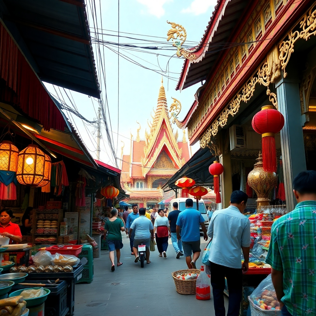 Photorealistic image capturing the cultural richness of either Cha-am or Pattaya, perhaps showcasing a bustling market or a serene temple. Use natural lighting, showing vibrant colors and intricate details. Style reference: Documentary photography. Resolution: 4K
