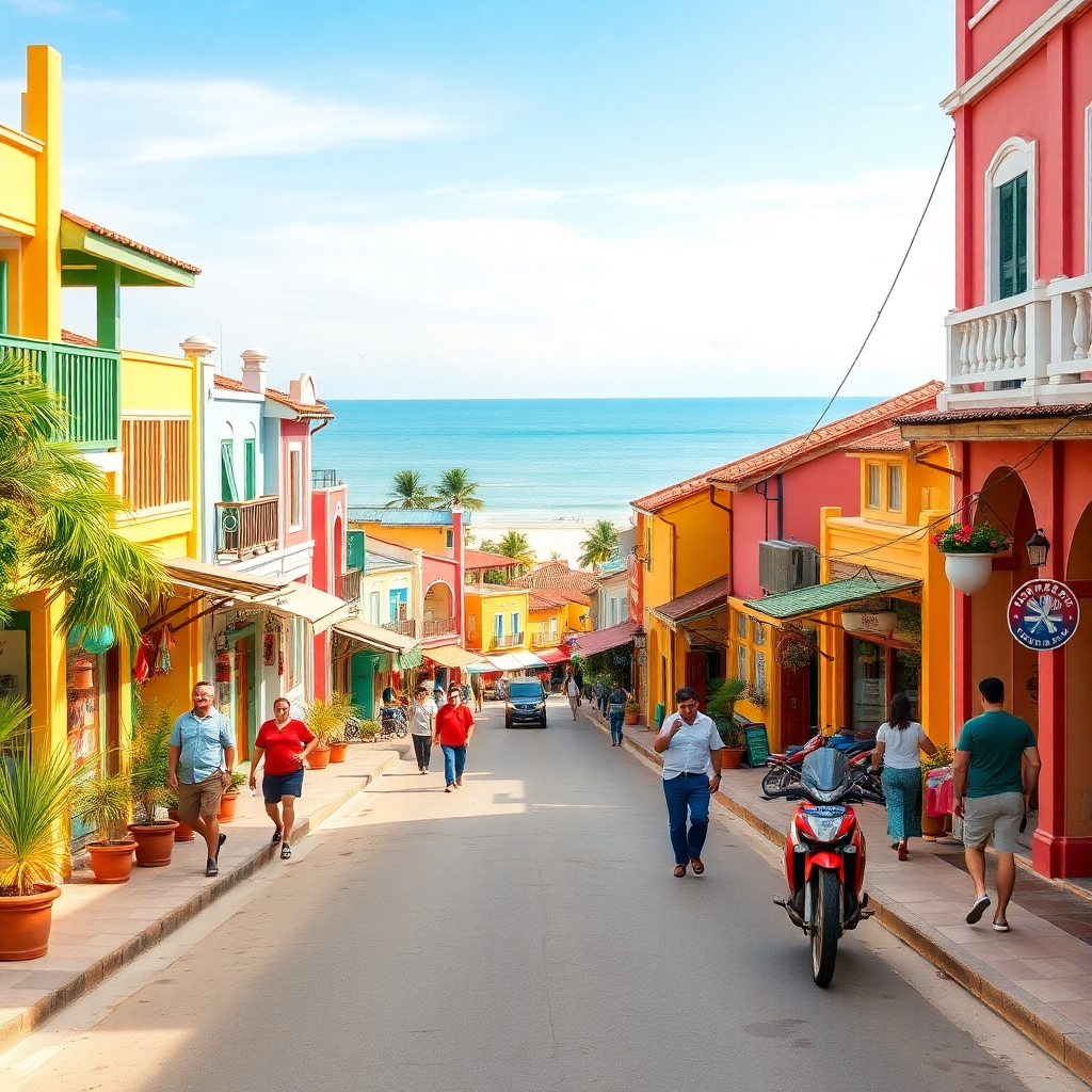 Photorealistic image of a charming street scene in Cha-am, with colorful buildings, friendly locals, and the beach in the background. Use warm lighting and vivid colors. Style reference: Travel photography. Resolution: 4K