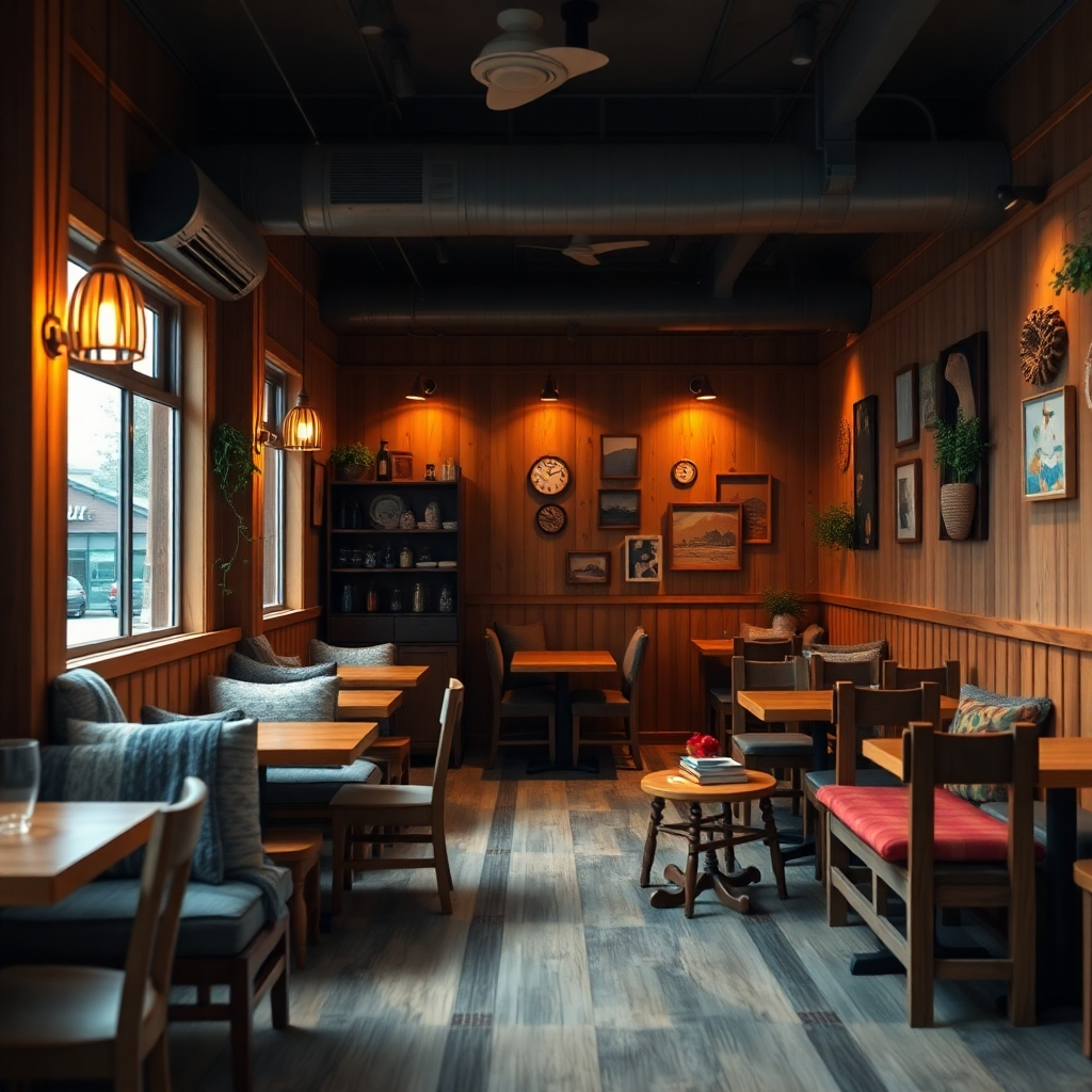 Photorealistic image of a cozy cafe with warm lighting, wooden furniture, comfortable seating arrangements, and a relaxed atmosphere. Include details like soft blankets, cushions, and warm-toned wall decorations to enhance the cozy ambiance.  The image should evoke a feeling of warmth, comfort, and relaxation.