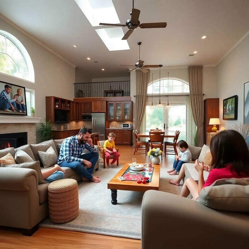 Photorealistic image of a family enjoying themselves in a spacious rental property, perhaps playing games or relaxing in the living room.  Style reference: Family vacation photography. Resolution: 4K