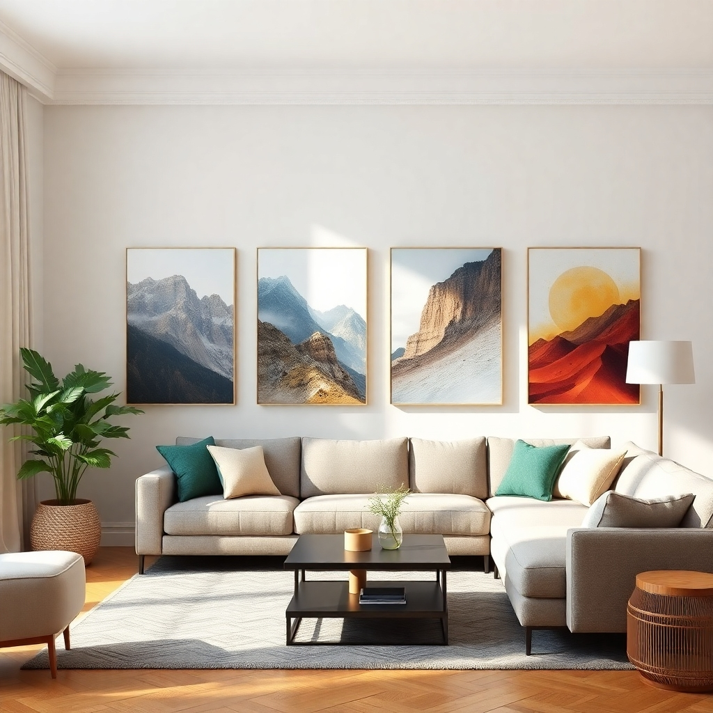 Photorealistic image of a living room showcasing multiple canvas prints, showcasing the transformative effect of high-quality wall art. Soft natural lighting, 4K resolution.