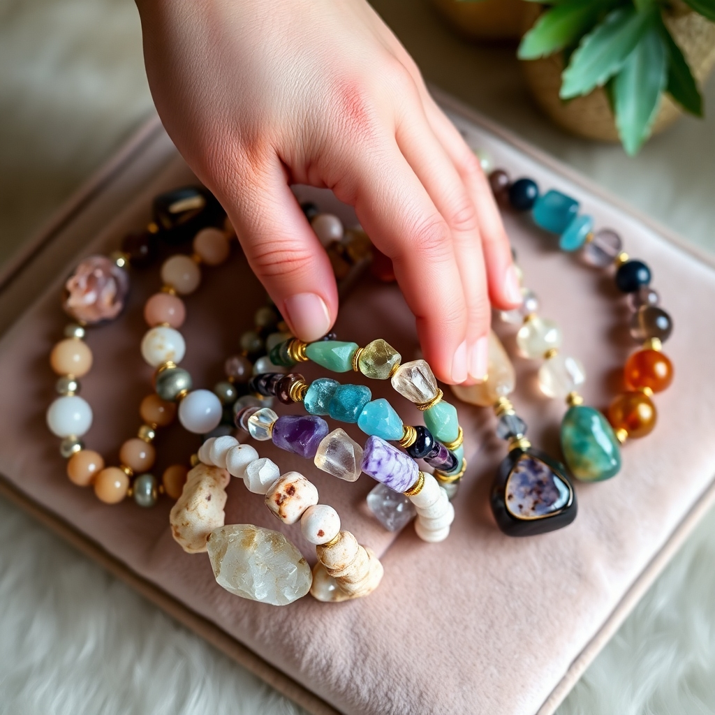 Photorealistic image of a variety of crystal bracelets, each featuring different types of crystals and colors. The bracelets are arranged on a velvet display, showcasing their unique textures and properties. Soft, diffused light highlights the natural beauty of the stones. A hand gently touches one of the bracelets, indicating a connection with its energy.