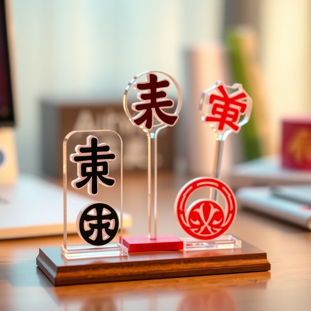 Photorealistic image of cute acrylic stands with different lucky symbols, placed on a desk. Soft light, highlighting the details of the symbols. The background is slightly blurred, focusing attention on the stands themselves. The overall mood is inviting and cheerful.