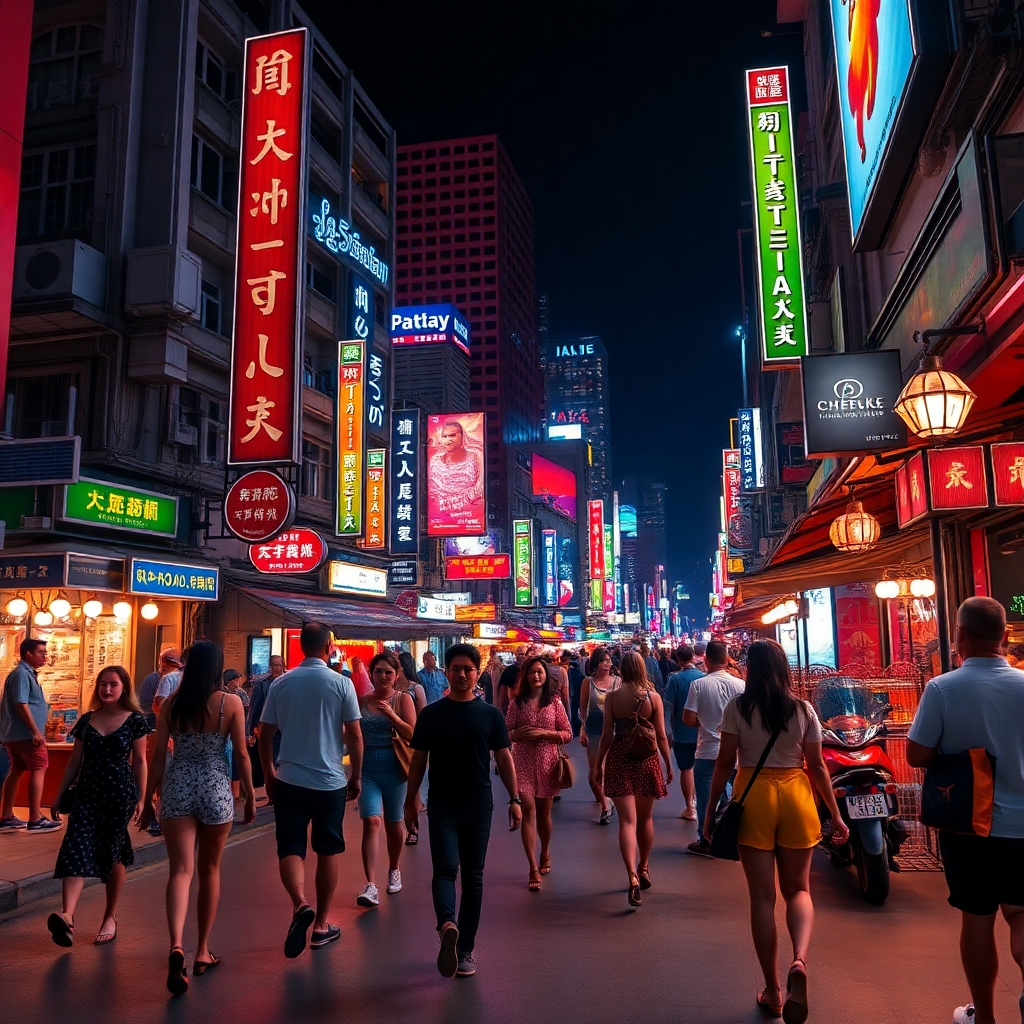 Photorealistic image showcasing the dynamic nightlife of Pattaya. Feature bright lights, busy streets, and stylish people enjoying the atmosphere. Style reference: Night photography. Resolution: 4K