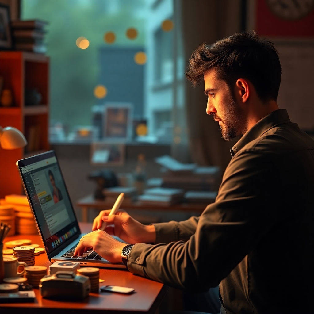 A person sitting at a desk in a well-lit room, intensely studying multiple computer screens displaying charts, graphs, and cryptocurrency information.  Surrounding the person are books and documents related to blockchain technology and finance. The scene should look focused and serious, highlighting the importance of research before investing.