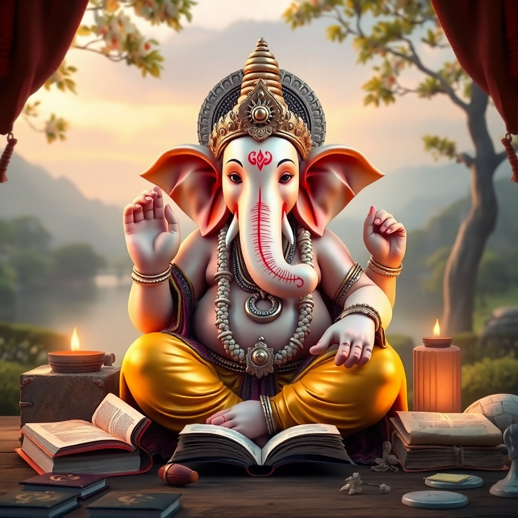 Produce a photorealistic image depicting Lord Ganesha in a serene and contemplative pose.  He should be surrounded by elements that represent wisdom, knowledge, and learning, such as books, scrolls, and a tranquil landscape. The scene should be meticulously detailed, showcasing the intricacy of his features and the richness of the surrounding environment. The image should evoke a sense of peace and spiritual insight. The technical specifications should be 4K resolution, high-quality rendering.
