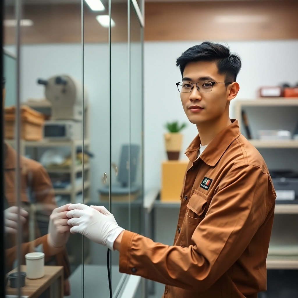 A worker carefully inspecting a finished acrylic print with a magnifying glass. The print is vibrant and colorful, showcasing the high quality of the UV printing. The background shows a well-organized packaging and shipping area of a professional art printing business.  The overall atmosphere conveys quality control and professionalism.