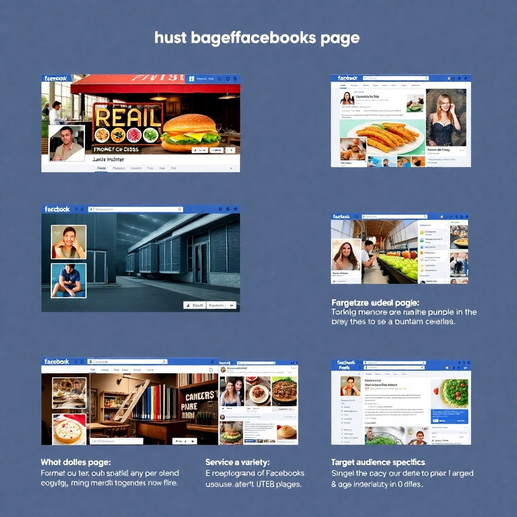 Show various business types (e.g., restaurant, retail, service) with their custom-designed Facebook pages. Showcase variety and target audience specifics.