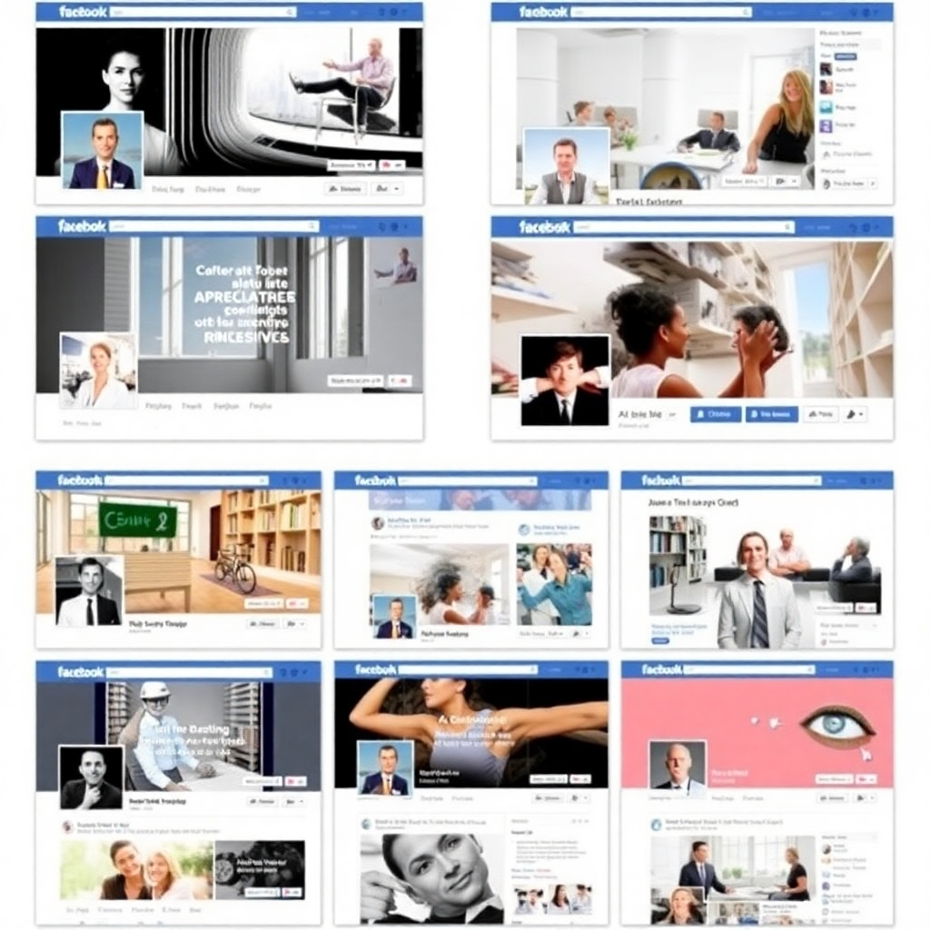 Showcase a variety of well-designed Facebook pages for different businesses, highlighting the aesthetics and functionality.