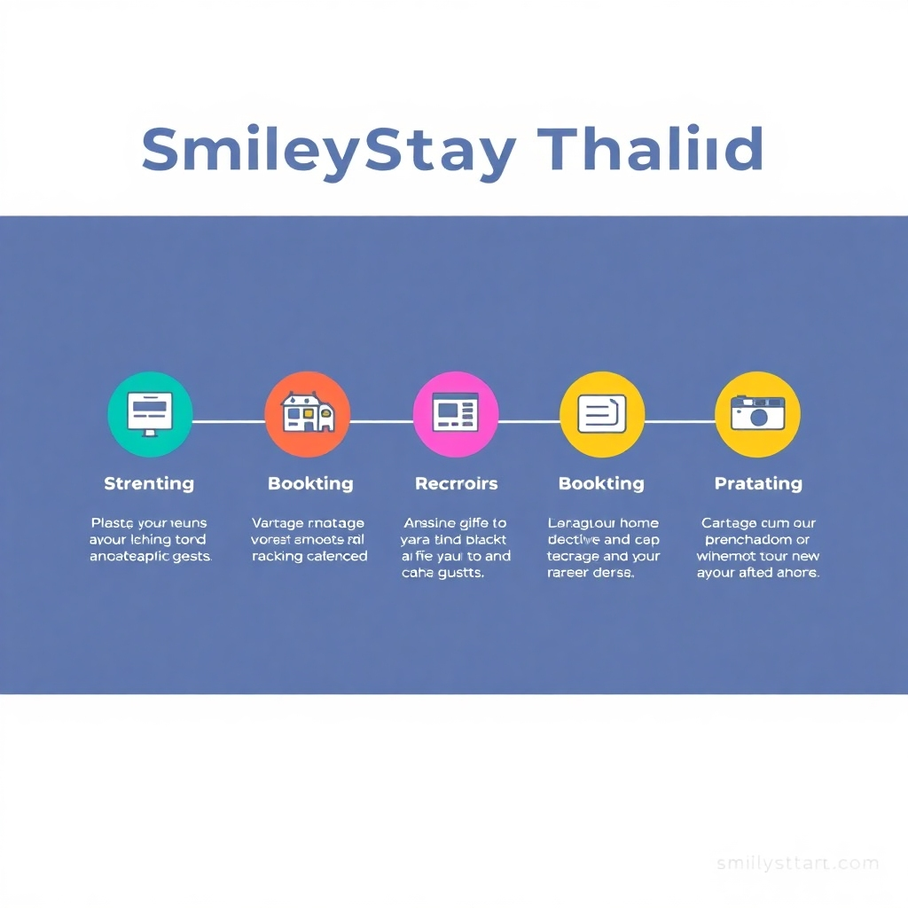 Stylized infographic showing a step-by-step process of how SmileyStayThailand manages bookings and guests, using icons and simple text.  Color scheme should be clean and modern, using bold colors to highlight each stage