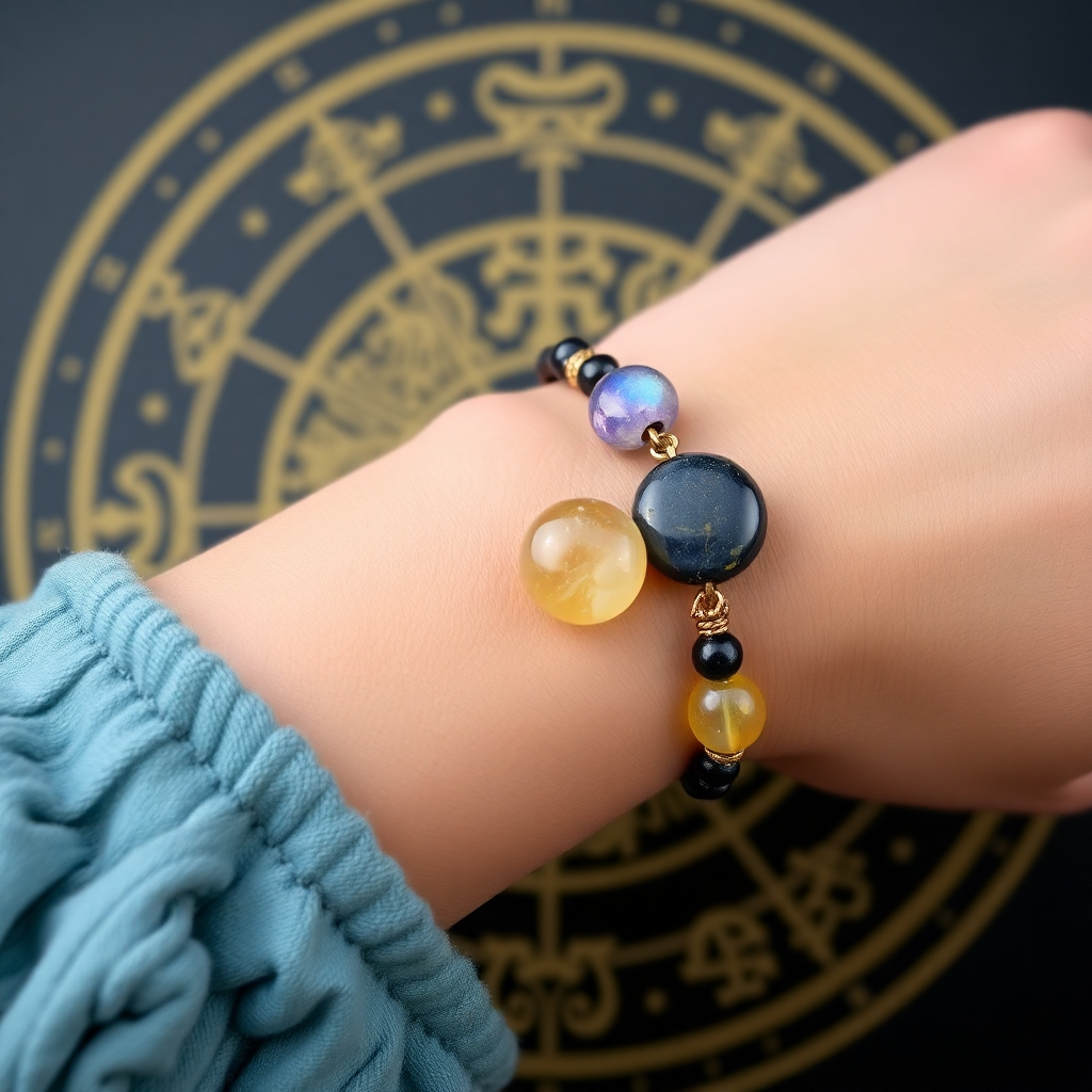 A close-up shot of a hand holding a crystal bracelet. The bracelet is made of different colored stones, each representing a specific astrological sign. The background is a blurred image of a star chart, emphasizing the connection between crystals and astrology. The image conveys a sense of personalized healing and empowerment.
