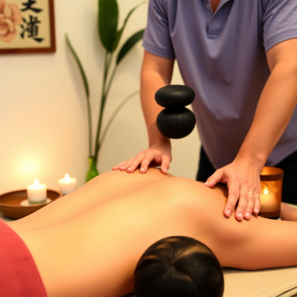 A photorealistic, 8K resolution image depicting a Tuina massage session. The scene is set in a brightly lit treatment room with warm, earthy tones and natural wood elements. A patient lies comfortably face down on a massage table, receiving a massage from a therapist who is attentively applying pressure to the body using their hands. The lighting is soft and diffused, creating a tranquil atmosphere. The therapist wears a clean, simple uniform. The image should emphasize the textures of the patient's skin, the therapist's hands, and the massage table. Focus on the calm expression on the patient’s face. Camera angle: slightly elevated, close-up on the hands of the therapist and the patient’s back. Style reference: high-quality spa photography emphasizing movement and healing. Include soft, muted background elements such as plants and natural light coming from a window. The overall mood is serene and healing, with colors ranging from soft greens and creams to warm browns and beiges.