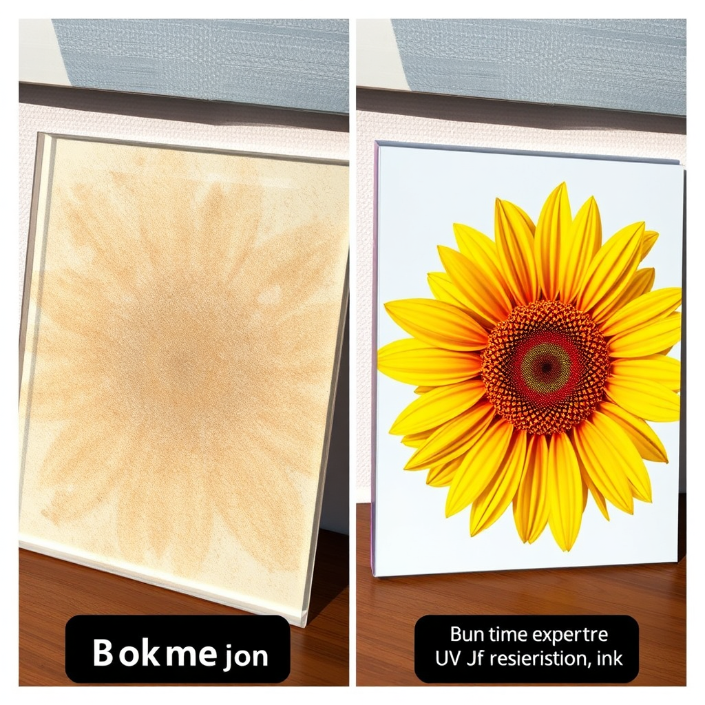 Two acrylic prints side-by-side: one is faded from sun exposure, the other remains vibrant after the same exposure period due to UV-resistant inks. The contrast highlights the benefits of using high-quality inks. Style: Before-and-after demonstration photography.