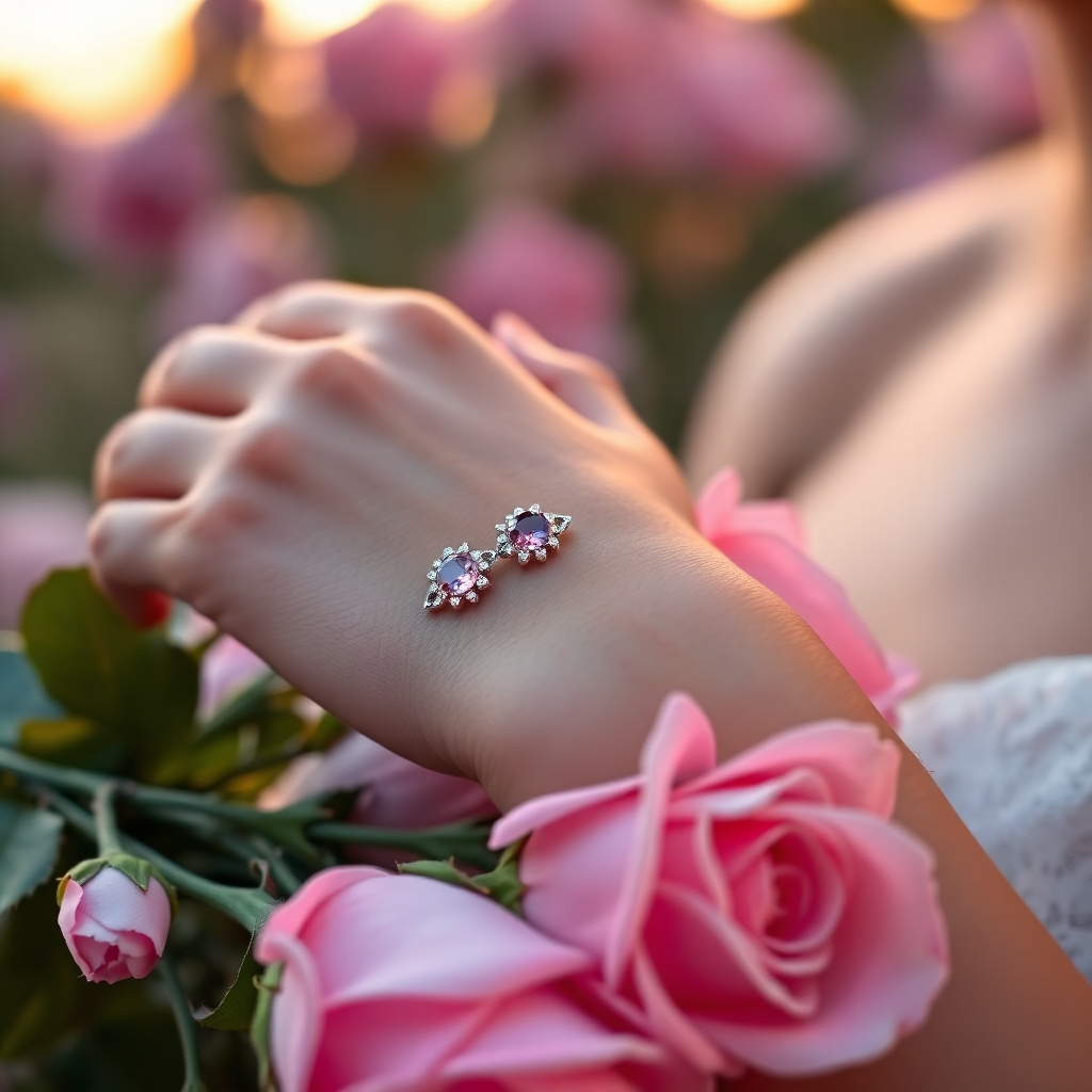 Ultra-high definition image, 8K resolution, hyperrealistic rendering. A close-up shot of a delicate rose quartz and amethyst bracelet, adorned with tiny, sparkling silver accents. The bracelet is gently clasped around a woman's wrist,  with her hand resting delicately on a bouquet of pink roses. Soft, warm lighting creates a romantic ambiance. The color palette features soft pinks, purples, and silvers, conveying gentleness and serenity.  The background is softly blurred, showing a romantic garden setting at sunset. The camera angle is from a slightly elevated perspective, showcasing the bracelet's delicate details.  The textures should be smooth and tactile, the roses soft and velvety. The overall mood is romantic and serene. Style reference: Annie Leibovitz's romantic portraiture. Materials should appear smooth and soft.