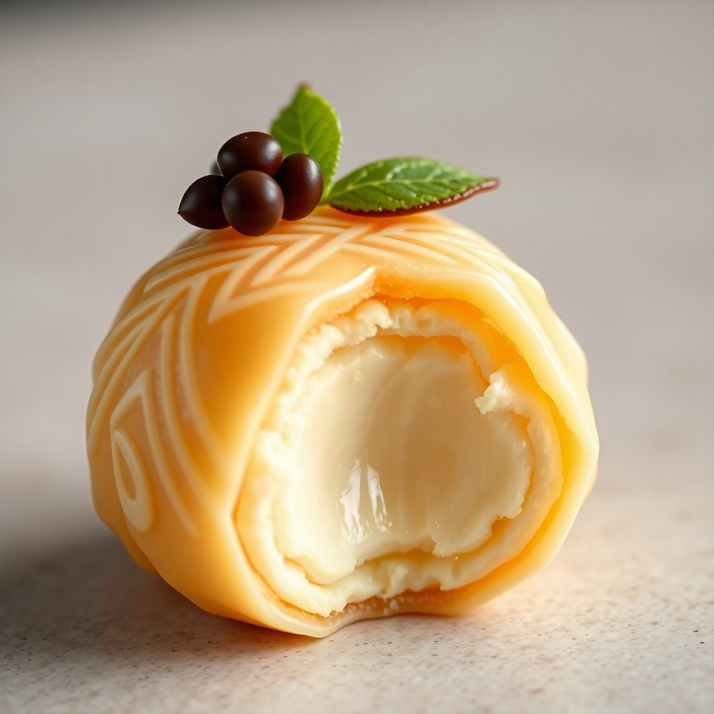 Ultra-high-resolution image (8K), hyperrealistic rendering. A close-up shot of a custom-designed Thai dessert, perhaps a uniquely shaped Khanom Krok or a beautifully layered dessert with personalized decorations. The lighting is soft and diffused, highlighting the intricate details and textures. The color palette should be elegant and sophisticated, reflecting the high-quality ingredients used. The image emphasizes the unique design and craftsmanship, showcasing the artistry involved. The background is a neutral, subtly textured surface, allowing the dessert to be the focal point.  Include detailed textures such as the delicate patterns on the dessert, the subtle sheen of the glaze, and the soft, fluffy interior. The style should be reminiscent of high-end food photography, with a focus on capturing the exquisite beauty and artistry.  The camera angle is slightly elevated and slightly off-center to create visual interest.