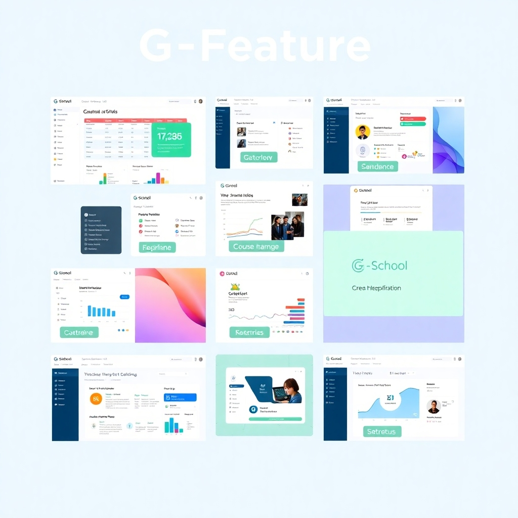 A 4K resolution collage highlighting key features of the G-School platform.  Each image should be a screen capture or mock-up demonstrating a key feature (e.g., course scheduling, student progress tracking, report generation, etc.).  The style should be clean and consistent, with high-quality visuals and clear labels for each feature.  The lighting and color scheme should be unified and visually appealing.  Each image should have a similar aesthetic.