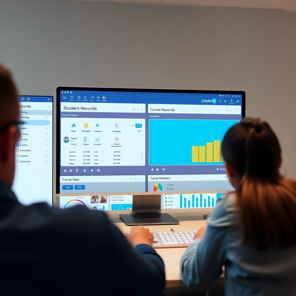 A 4K resolution screen recording, showing smooth transitions and intuitive navigation between different sections of the G-School platform. Focus on features such as easy access to student records, course management tools, and reporting dashboards. The style should emphasize clarity, simplicity, and user-friendliness. The lighting and color grading should ensure optimal screen readability.  The quality of the screen recording should be very high, demonstrating the smoothness and responsiveness of the platform.