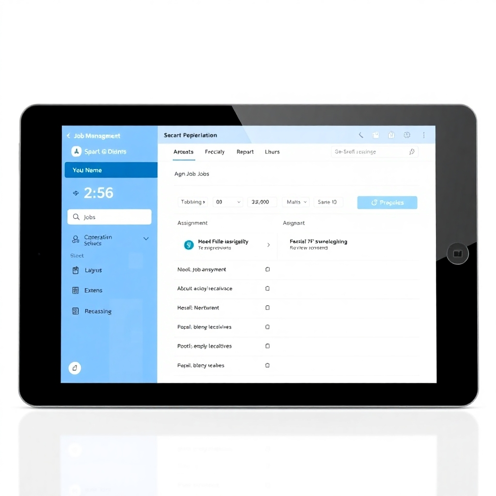 A clean, photorealistic image of the G-Repair module's job management interface displayed on a tablet, highlighting features such as job creation, assignment, and progress tracking.  The image should emphasize clarity and ease of use.