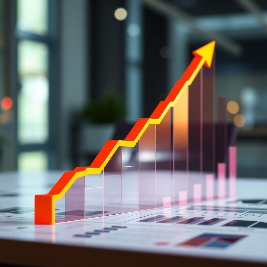 A dynamic image showing the growth trajectory of a business, visually aided by G-Company software. The style uses upward trending graphs and visual representations. The lighting is well lit and focused on growth. The camera angle should show the progression in growth.