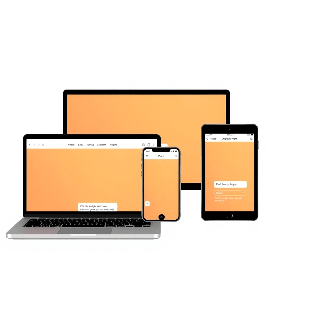 A high-quality image showing three different devices (a laptop, smartphone, and tablet) simultaneously displaying the same app or web interface, demonstrating the cross-platform compatibility. Style references include clean, modern design and a focus on user experience. Resolution: 4K.