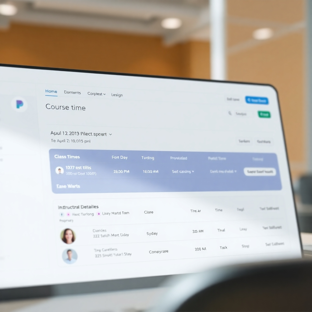 A photorealistic 4k image showing a clean interface, clearly displaying course details such as class times, student enrollment, and instructor information. The design should focus on clarity and ease of navigation.  The style should be professional and user-friendly, similar to popular project management software interfaces. The lighting should be clear and well-distributed to ensure optimal readability.