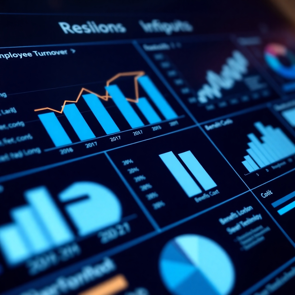 A photorealistic close-up of an interactive report dashboard, featuring graphs and charts that clearly show key metrics such as employee turnover, salaries, and benefits costs. The color scheme should be professional, utilizing shades of blue and grey.  The lighting should emphasize the clarity and detail of the data presented. The camera angle should be direct, providing a clear, readable view.  The style should be contemporary and data-focused, similar to the visualization tools in modern business intelligence software. The image should demonstrate data-driven decision making.