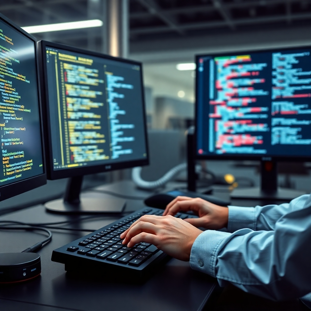 A photorealistic image depicting a clean, minimalist coding workspace with multiple screens displaying lines of code in different programming languages.  A programmer's hands are actively typing on a keyboard, surrounded by sleek, modern tech gadgets. The background should be blurred but suggest a modern, innovative office environment.