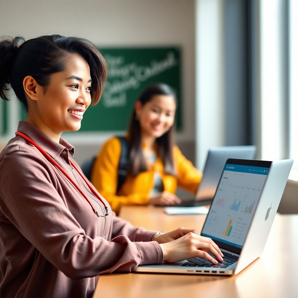 A photorealistic image depicting a school staff member efficiently managing school operations using the G-School platform on a laptop, with a positive and calm demeanor.  The background should be a professional school setting. The lighting should be natural and well-lit.  The image should project a feeling of competence and ease of use.