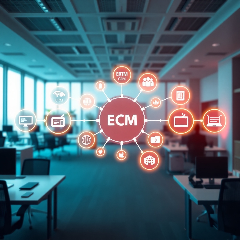 A photorealistic image of a central hub glowing brightly, with digital lines connecting to various icons representing CRM, ECM, e-commerce, and a website. The background should be a dark, futuristic-looking office with subtle technological elements.