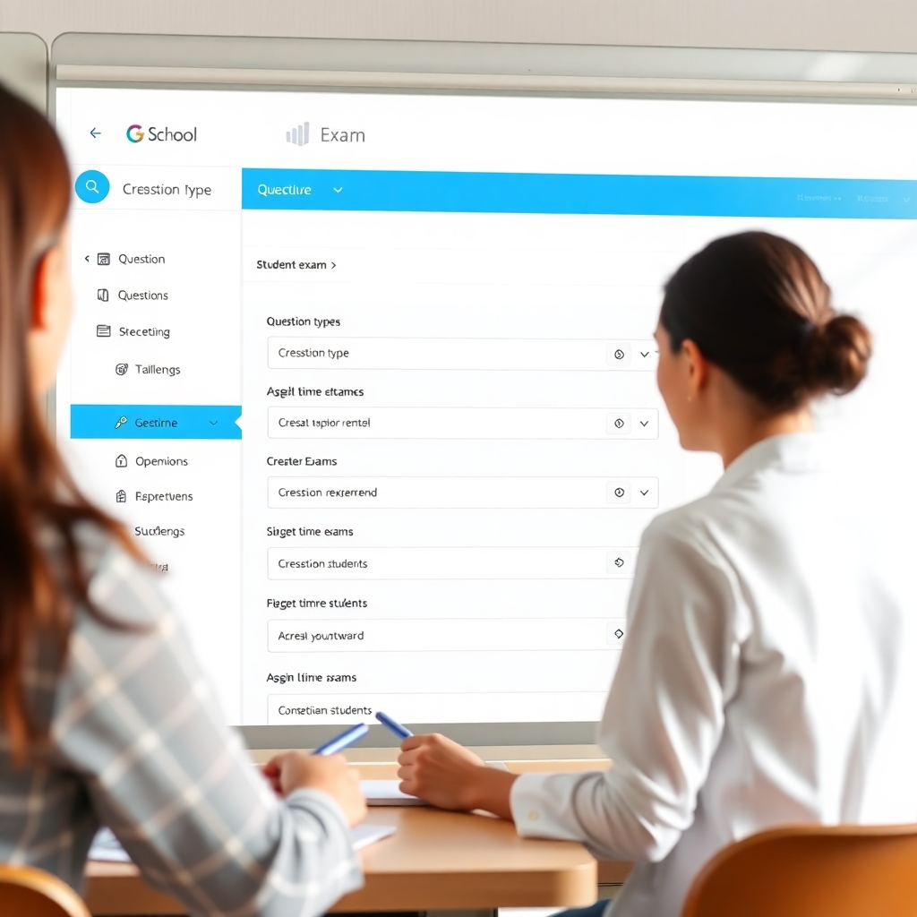 A photorealistic image depicting an interface where a teacher is easily creating an exam using the G-School platform.  The interface should be intuitive, showing options for creating question types, setting time limits, and assigning exams to students.  The style should be user-friendly and efficient.  The lighting should be clear and well-distributed to ensure optimal readability. The resolution should be 4K.