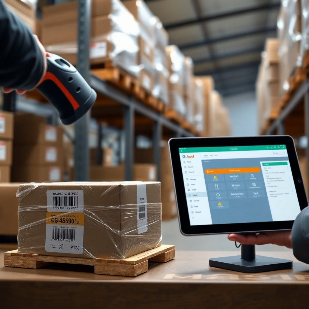 A photorealistic image depicting an asset being received in a warehouse, with a barcode scanner and the G-Asset module interface displayed on a nearby tablet or computer.