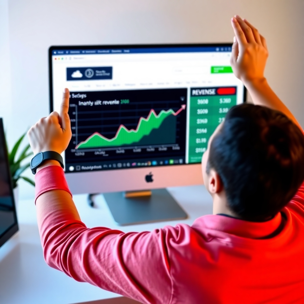 A photorealistic image depicting a person celebrating a financial success, possibly looking at a computer screen displaying positive financial results or an increase in revenue. This image emphasizes the positive outcome of the website monetization strategies. The color palette is positive and encouraging. The composition highlights the successful individual and their achievement. The image resolution is 4K.