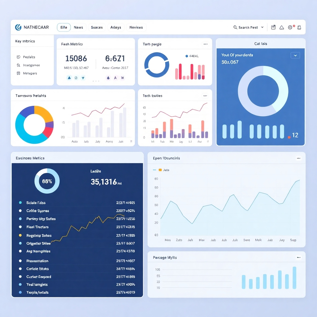 A photorealistic image of a clean, modern dashboard showcasing key metrics and data from various business functions. The dashboard is intuitive and easy to navigate, with a clear and consistent design.  The overall style should be professional and sophisticated.