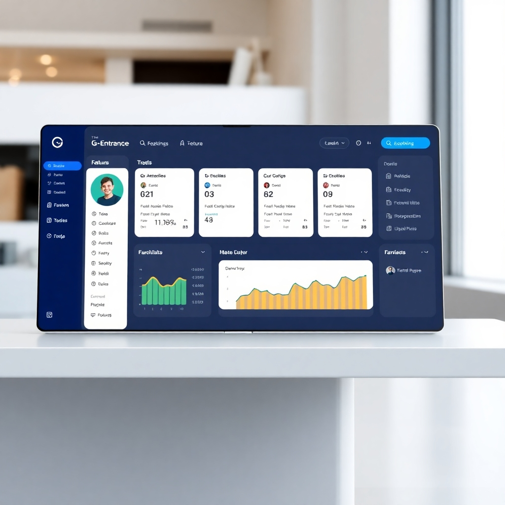 A photorealistic image of a clean, intuitive dashboard representing the G-Entrance platform, displaying key features in a user-friendly manner. The visuals must communicate ease of access to information and efficient workflow management.