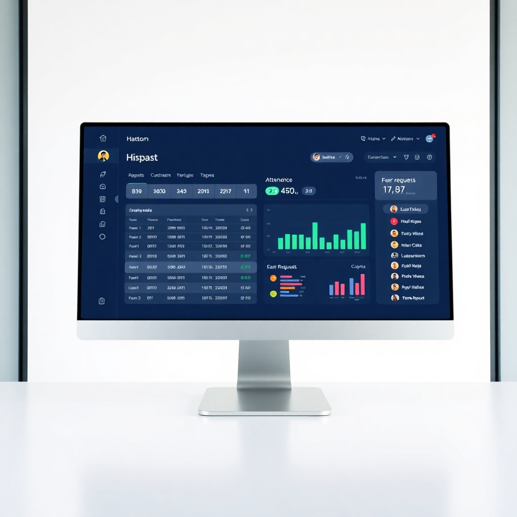 A photorealistic image of a clean, modern HR dashboard displaying employee data, attendance, and leave requests.  The color scheme should be light and airy.  The lighting should be soft and bright. The camera angle should be directly facing the screen, showing the key features. The style should be sleek and professional.  The image should communicate efficiency and ease-of-use.