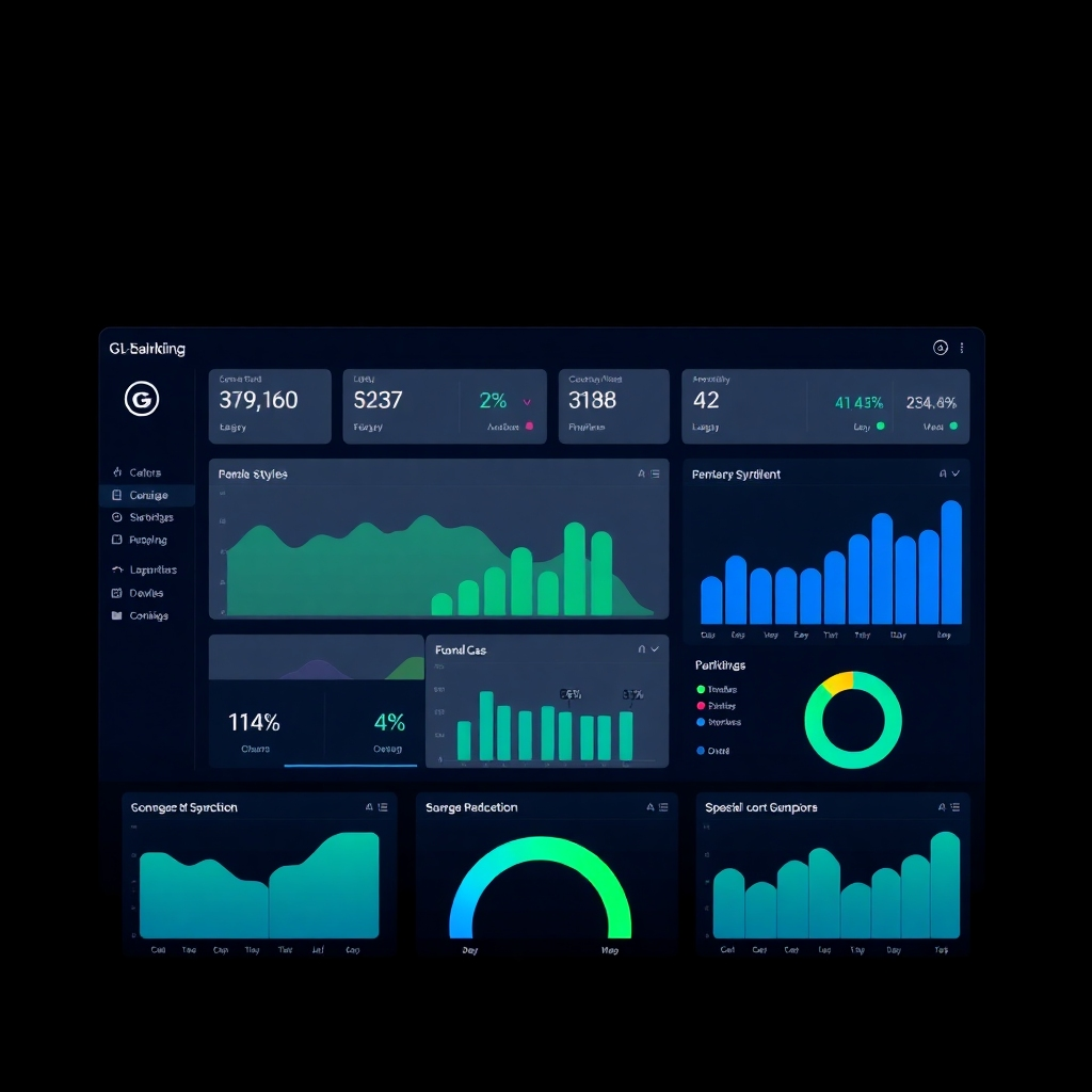 A photorealistic image of a clean and modern dashboard displaying all key metrics of the G-Booking module in an easy-to-understand visual representation. The image should use a dark background to emphasize the vibrancy and clarity of the data and statistics presented in the display. The style should be minimal and sophisticated, focusing on data clarity and ease of interpretation. The lighting should be soft and diffused, preventing harsh shadows. The image should have high contrast to further enhance readability. The resolution should be high, providing sharp and crisp details. The palette should consist of shades of blue and green.