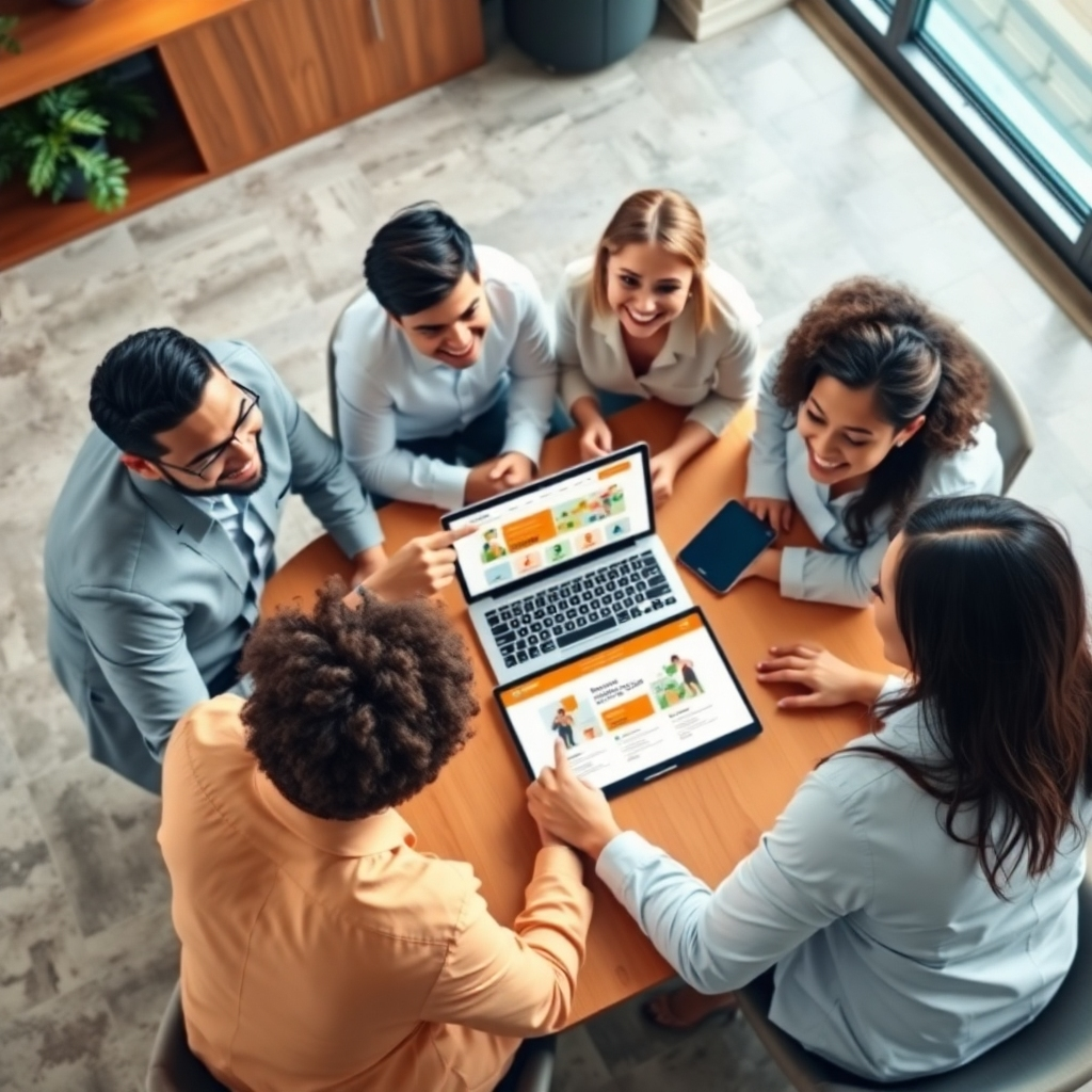 A photorealistic image of a diverse group of happy business professionals collaborating around a table. One person is pointing at a laptop that displays G-Company's website, and the overall scene is joyful and energetic. The image should be taken from an overhead angle, creating a sense of community and collaboration. The style should be warm, inviting, and celebratory. The colors should be bright and bold, evoking a cheerful atmosphere. The image should focus on illustrating the positive impact of G-Company's services on individuals and businesses.