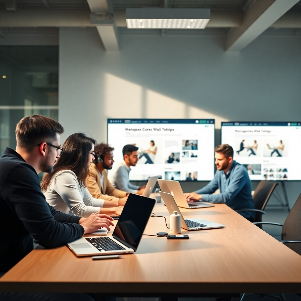 A photorealistic image of a diverse team of software developers collaborating around a table, laptops displaying clean, modern website designs, and a large screen showing responsive website mockups. The setting should be a bright, modern office with natural light.