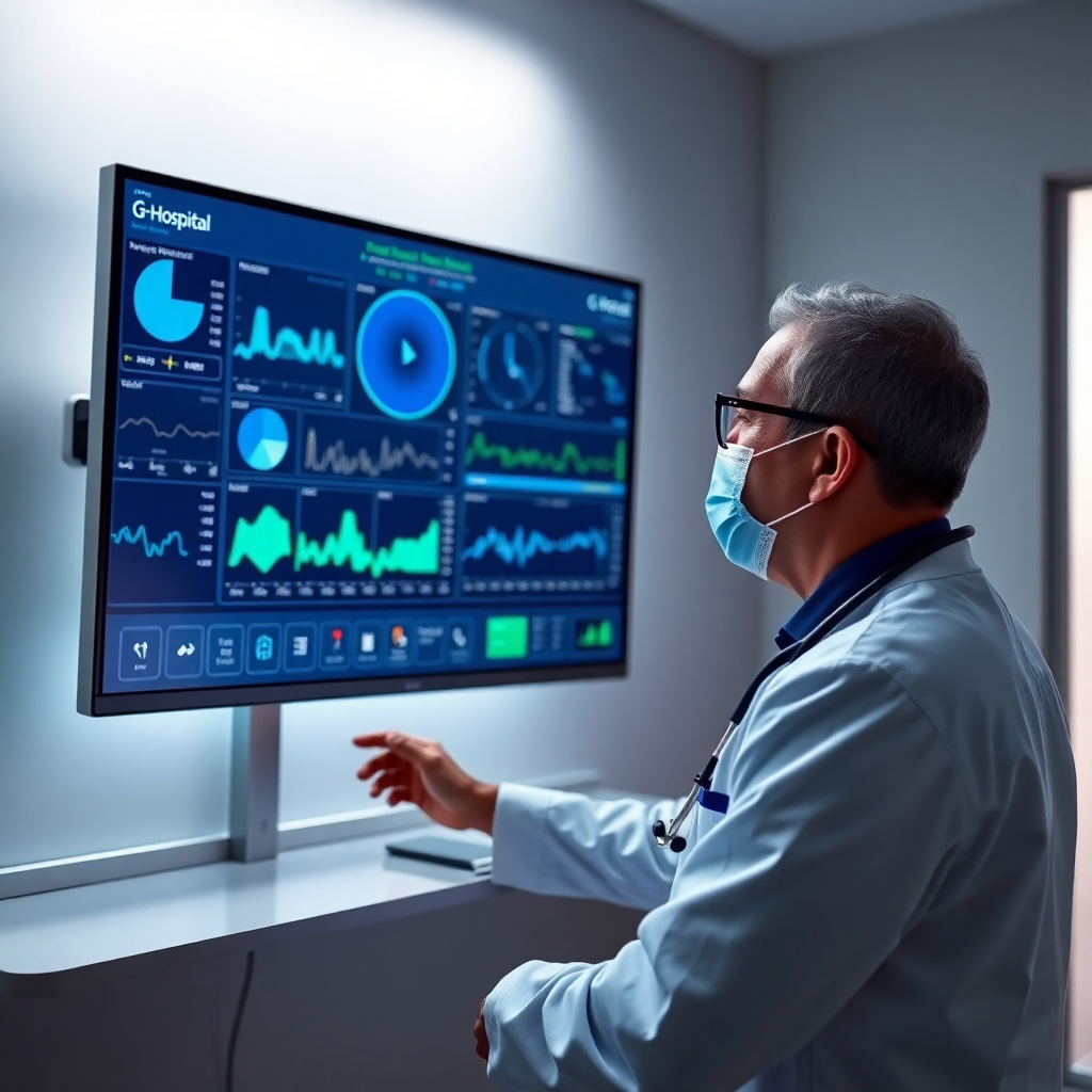 A photorealistic image of a doctor reviewing data presented on a large monitor using the G-Hospital module. Data visualization should be modern, intuitive, and easy to understand.  Use a cool color palette with blue and green accents, emphasizing a modern, technology-driven approach. The lighting should be professional and emphasize data visualization.