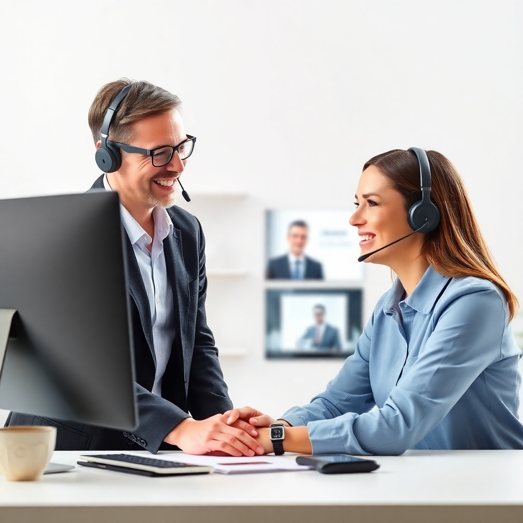 A photorealistic image of a friendly customer support representative assisting a client via video call. The image should depict a positive and supportive interaction, creating a sense of trust and reliability. The overall style should be modern and professional, and the image should be clean, bright, and well-lit. The image should evoke a feeling of trust and professionalism. The background should be neutral, focusing the viewer's attention on the customer interaction.