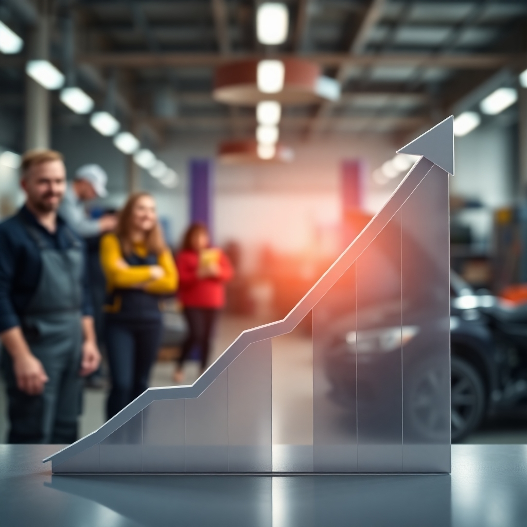 A photorealistic image of a graph showing positive growth, symbolizing an increase in profitability. In the background, blurred images of happy customers and efficient repair shop operations should be visible, linking profit growth to efficient management.
