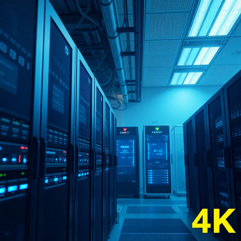 A photorealistic image of a high-tech server room, with various servers and networking equipment. The lighting should be soft and diffused, highlighting the advanced technology within. The color palette should be cool and sophisticated, conveying the feeling of security and reliability.  The camera angle should be strategically chosen to showcase the scale and sophistication of the facility.  The textures should be detailed, emphasizing the precise design of the equipment. The environment should convey a sense of security and control. The image resolution is 4K. The style should evoke a feeling of security and trust in technological expertise.