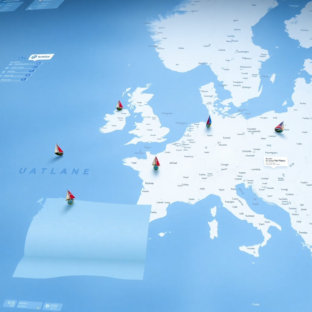 A photorealistic image of a large map with moving icons representing sailors, overlaid with a user interface displaying real-time data. This should be a clean, modern design. The image should be high resolution, with a focus on clarity and precision. The lighting should be subtle and non-distracting.