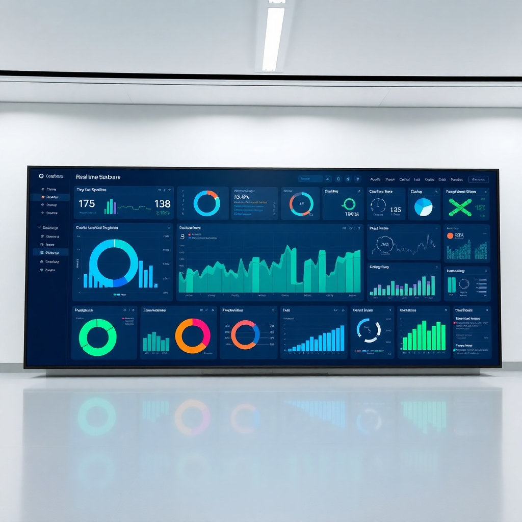 A photorealistic image of a large, interactive dashboard showcasing real-time data and visualizations. The style should be modern and minimalist, with a focus on clear, easy-to-understand graphics.  The lighting should be bright and even, enhancing readability. The color palette should be sleek and professional, with a focus on blues, greens, and grays. The camera angle should be slightly elevated, providing a clear view of the dashboard's key features.