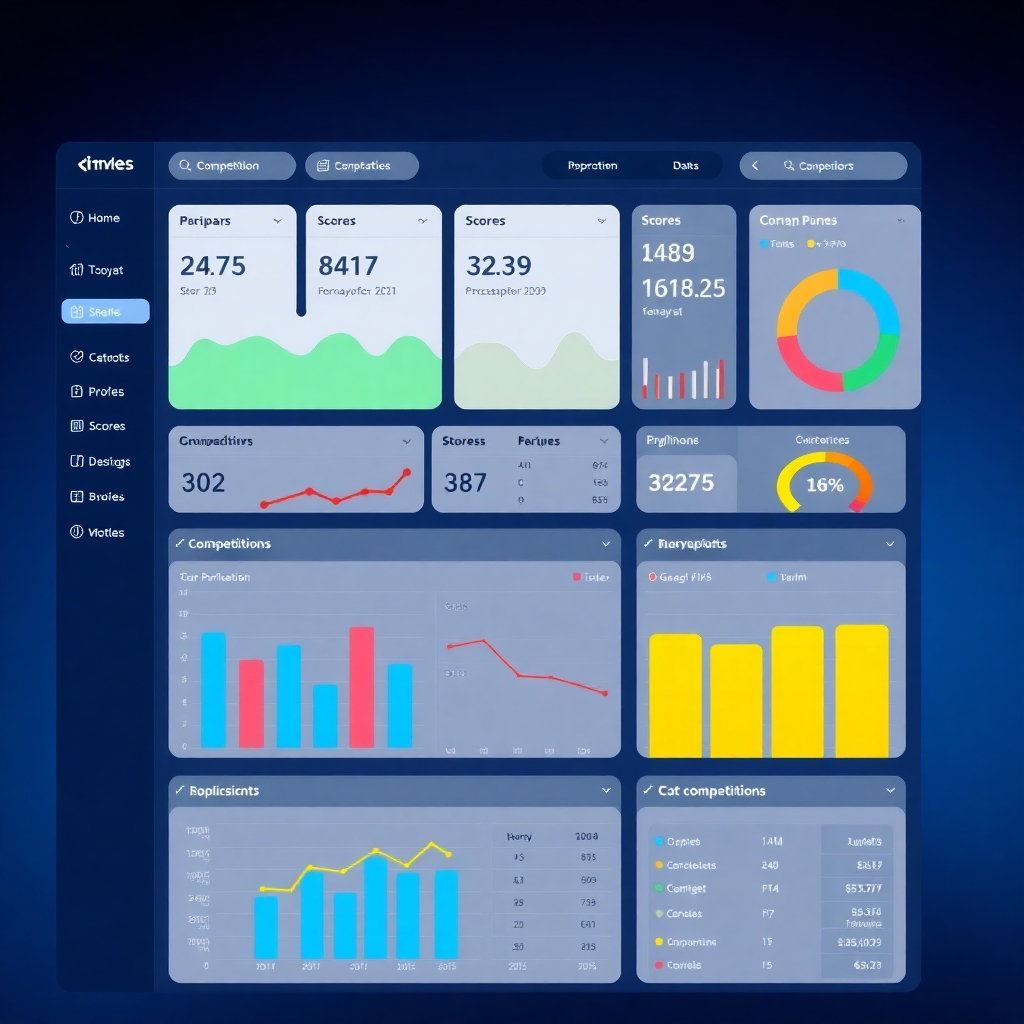 A photorealistic image of a modern dashboard showing various graphs and charts representing competition data (participation, scores, progress). The visuals must clearly demonstrate the clarity and comprehensiveness of the reporting and statistics features. Use a clean and modern design, emphasizing data visualization and user-friendliness.