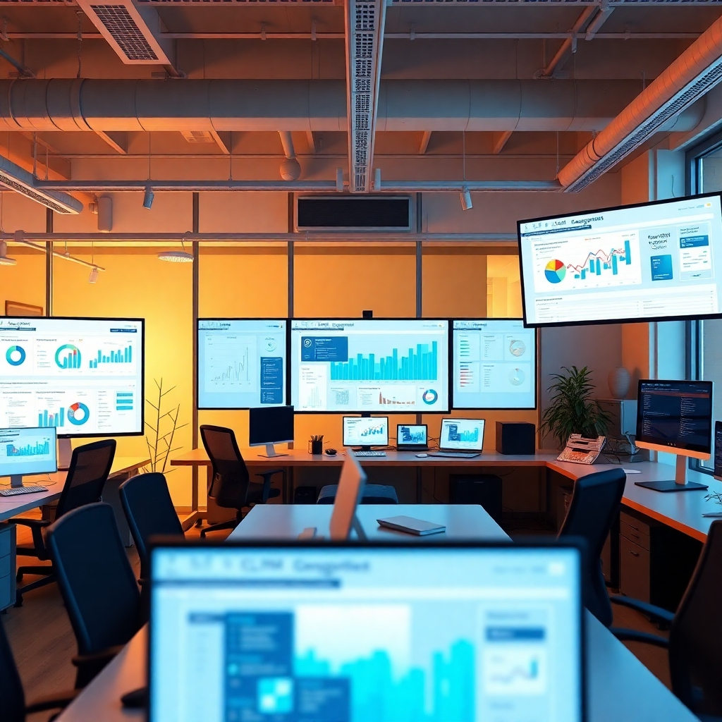 A photorealistic image of a modern office workspace with multiple screens displaying integrated data from CRM, ECM and E-commerce platforms. The screens should show real-time data visualizations, highlighting efficiency and streamlined workflows.  Use a warm, inviting color palette and a well-lit environment to create a positive and productive atmosphere. The image resolution should be 4K, and focus on the ease of access to information and the efficient flow of work.